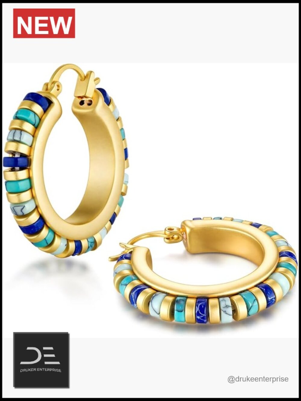 18K Gold Plated Natural Stone Dangling Hoop Huggie Statement Earrings for